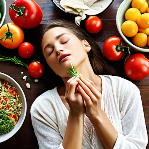 Home 11 A serene woman mindfully eating a colorful and healthy meal at a sunlit table, focusing on the food with eyes closed, surrounded by fresh ingredients. Focus on the textures and aromas, showing a connection with the food.