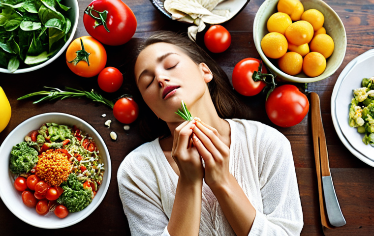 A serene woman mindfully eating a colorful and healthy meal at a sunlit table, focusing on the food with eyes closed, surrounded by fresh ingredients. Focus on the textures and aromas, showing a connection with the food.