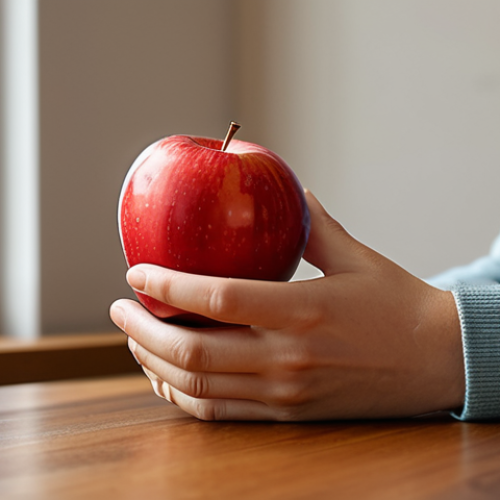 Home 6 A person, sitting serenely at a wooden dining table, dressed in comfortable, modest clothing and appropriate attire. They are gently holding a vibrant red apple, observing its texture and color with a focused yet peaceful expression. A single bite has been taken, indicating slow, deliberate consumption. Their hands are gracefully positioned, showcasing well-formed hands and proper finger count. The background is a minimalist, warm-toned dining room, bathed in soft natural light from a window, with no electronic devices or distractions visible. Professional photography, high detail, sharp focus, harmonious colors, perfect anatomy, correct proportions, natural pose, safe for work, appropriate content, fully clothed, family-friendly.