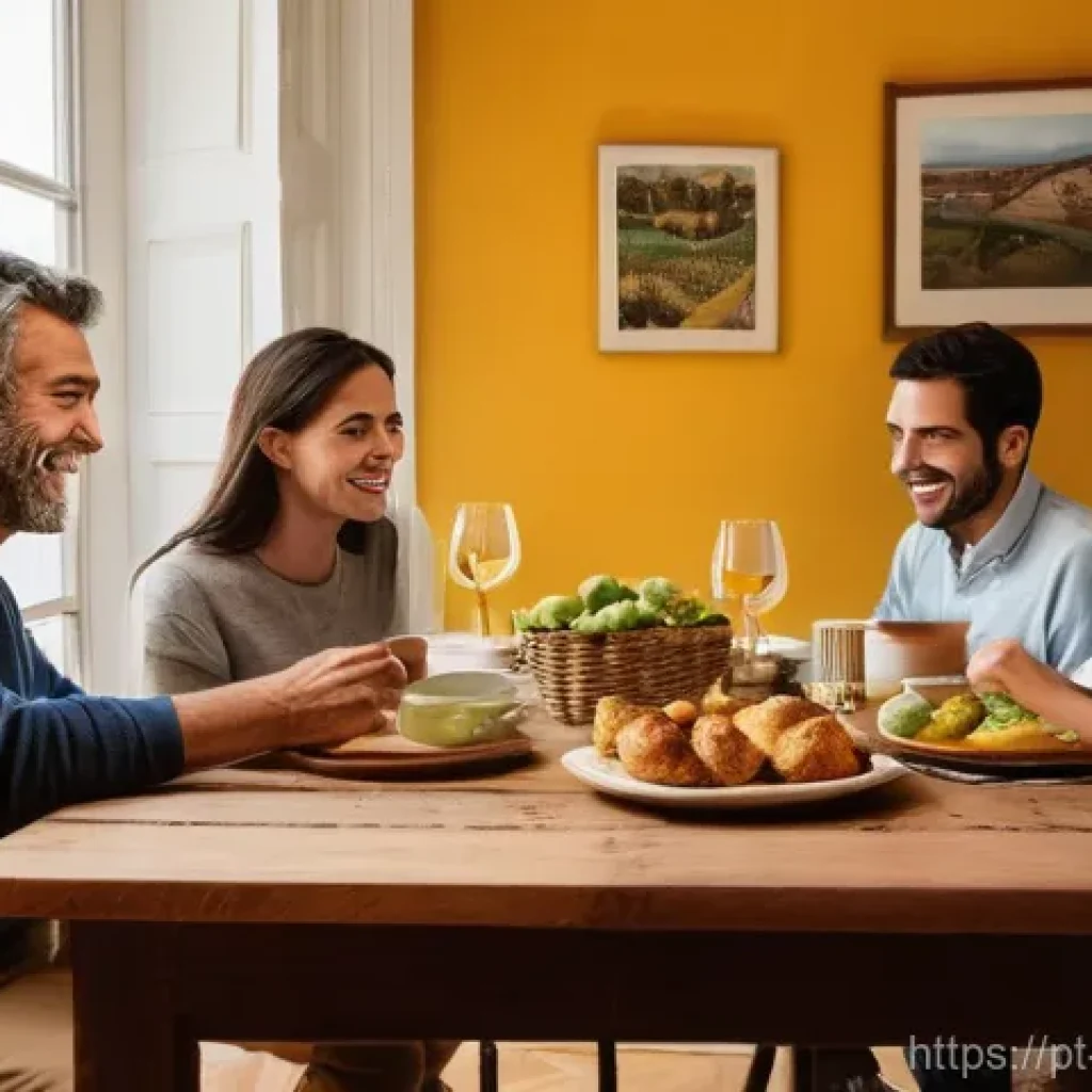 의식적 식사법을 통해 소통의 기회를 만들기 - **Prompt:** A warm and inviting scene of a Portuguese family – parents and two children (around 10 a...