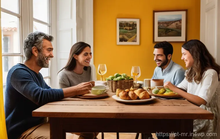 의식적 식사법을 통해 소통의 기회를 만들기 - **Prompt:** A warm and inviting scene of a Portuguese family – parents and two children (around 10 a...