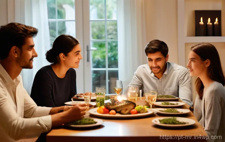 의식적 식사법을 통해 소통의 기회를 만들기 - **Prompt:** A vibrant, multi-generational Portuguese family celebrating a special Sunday lunch. Gran...