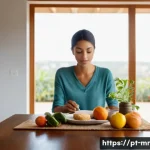Home 22 의식적 식사법과 정서적 안정 - A serene dining scene set in a modern Brazilian home, showcasing a person practicing mindful eating ...