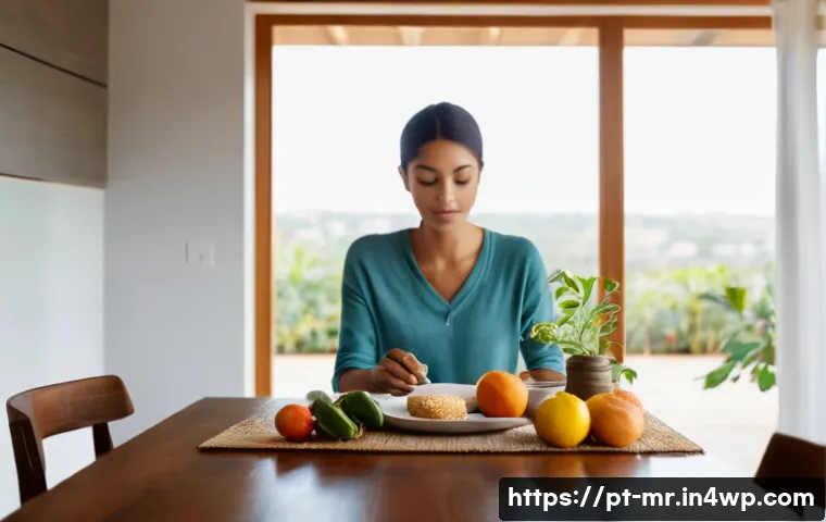 의식적 식사법과 정서적 안정 - A serene dining scene set in a modern Brazilian home, showcasing a person practicing mindful eating ...