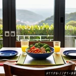 Home 21 의식적 식사법을 위한 요리법 - A cozy dining scene in a modern Brazilian home, featuring a wooden table set for a relaxed meal with...