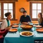 Home 20 의식적 식사법과 친구 관계의 개선 - A warm, inviting dining scene featuring a diverse group of friends gathered around a rustic wooden t...