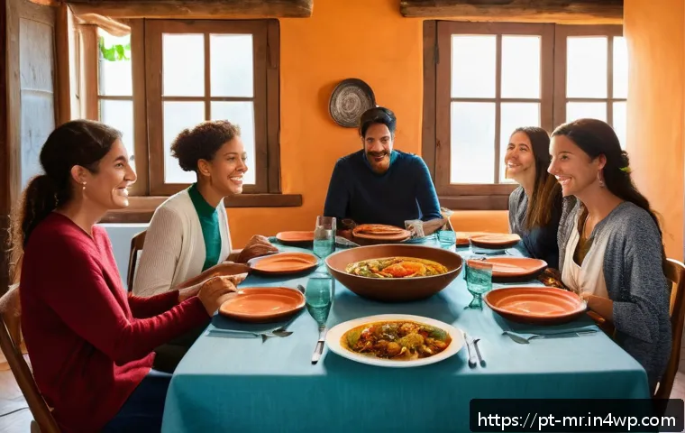 의식적 식사법과 친구 관계의 개선 - A warm, inviting dining scene featuring a diverse group of friends gathered around a rustic wooden t...