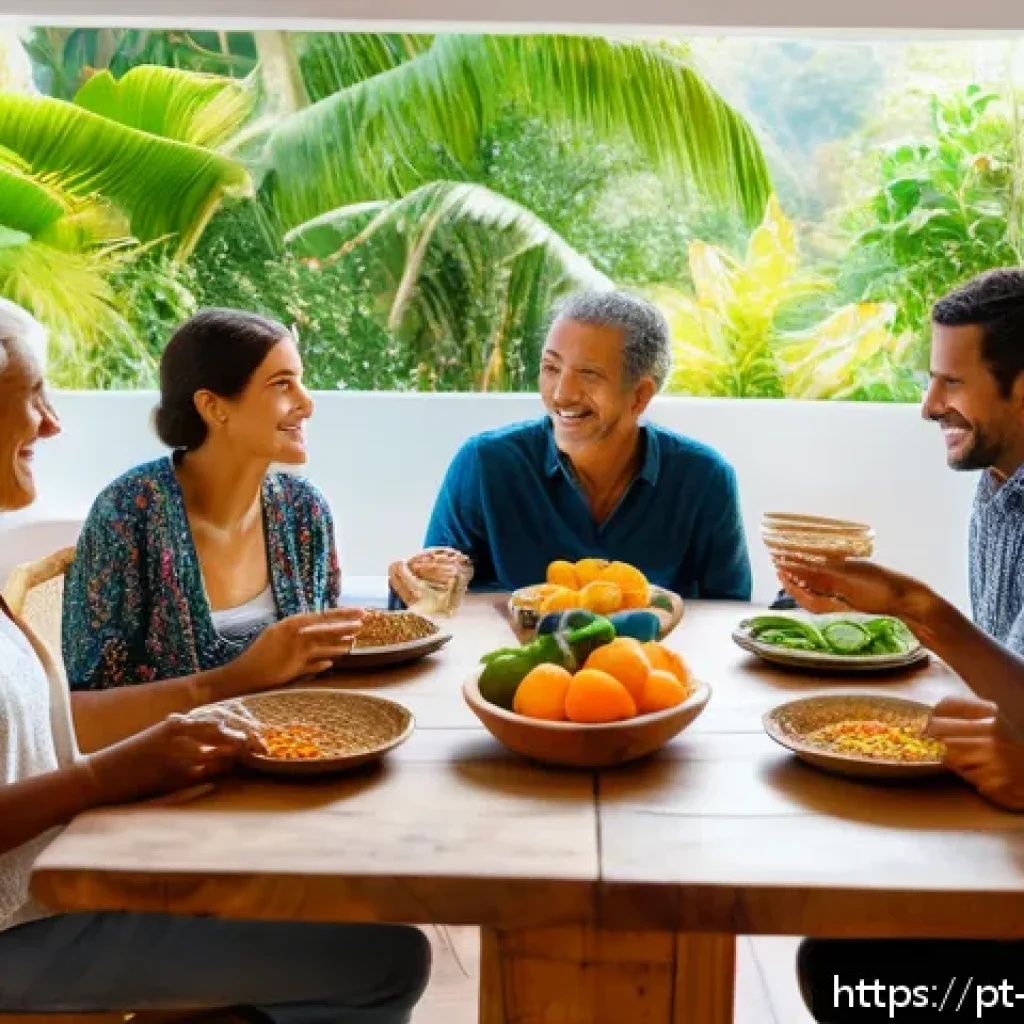 의식적 식사법과 일상에서의 적용 - A cozy dining scene set in a modern Brazilian home kitchen during daylight, featuring a diverse grou...