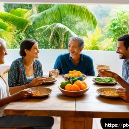 Home 31 의식적 식사법과 일상에서의 적용 - A cozy dining scene set in a modern Brazilian home kitchen during daylight, featuring a diverse grou...