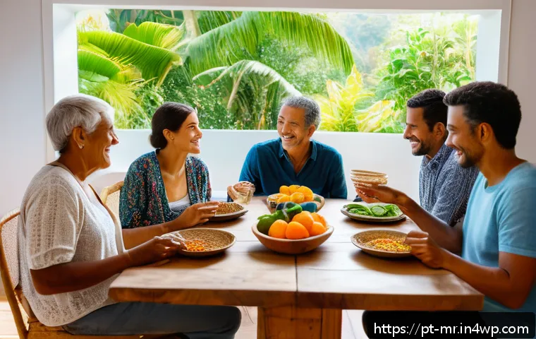 의식적 식사법과 일상에서의 적용 - A cozy dining scene set in a modern Brazilian home kitchen during daylight, featuring a diverse grou...