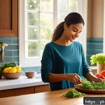 Home 18 의식적 식사법과 목표 달성을 위한 전략 - A cozy, sunlit kitchen scene featuring a young woman thoughtfully preparing a colorful, balanced mea...