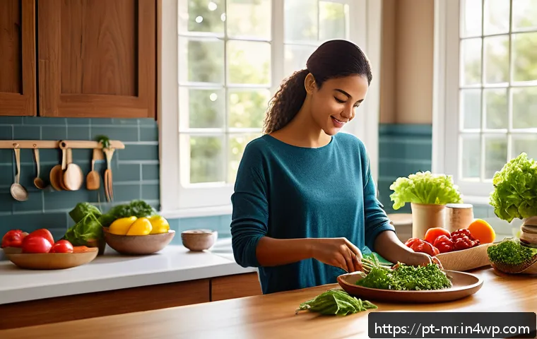 의식적 식사법과 목표 달성을 위한 전략 - A cozy, sunlit kitchen scene featuring a young woman thoughtfully preparing a colorful, balanced mea...