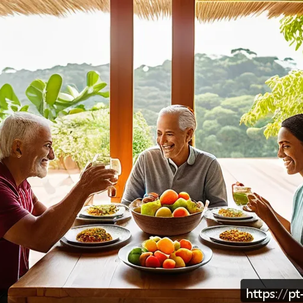 의식적 식사법으로 인한 내적 변화 - A cozy, sunlit dining room in a modern Brazilian home, featuring a family of diverse ages seated aro...