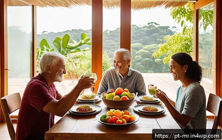 의식적 식사법으로 인한 내적 변화 - A cozy, sunlit dining room in a modern Brazilian home, featuring a family of diverse ages seated aro...