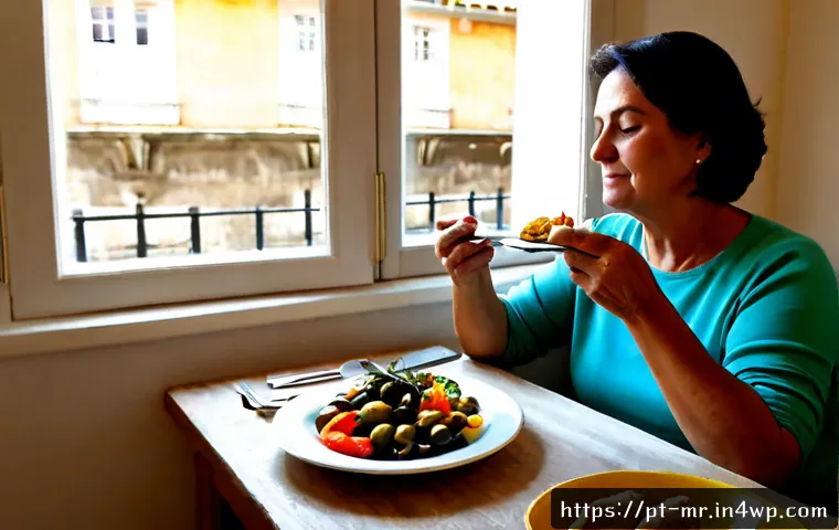 의식적 식사법을 통한 행복 찾기 - Photorealistic mindful eating scene in a warm Lisbon apartment kitchen, a relaxed Portuguese woman i...