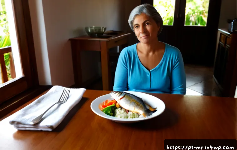 의식적 식사법과 식사 속도 조절 - Photorealistic mindful eating scene in a bright Portuguese home dining room, middle-aged woman seate...