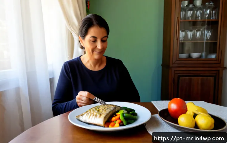 의식적 식사법과 건강한 식습관 - Photorealistic mindful eating scene in a bright Portuguese home kitchen, middle-aged woman seated ca...