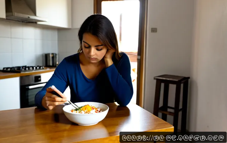 Home 17 의식적 식사법의 오류와 해결 방법 - Photorealistic mindful eating mistake scene in a bright Brazilian apartment kitchen, distracted adul...